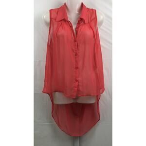 I.C.U. Top Women Large Coral Sheer Sleeveless Collared Open Back Button Front